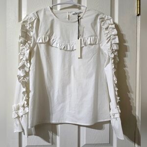 NWT Moelleux White Poplin Ruffle Blouse, Puff Shoulders, Flared Bell Sleeves, XS